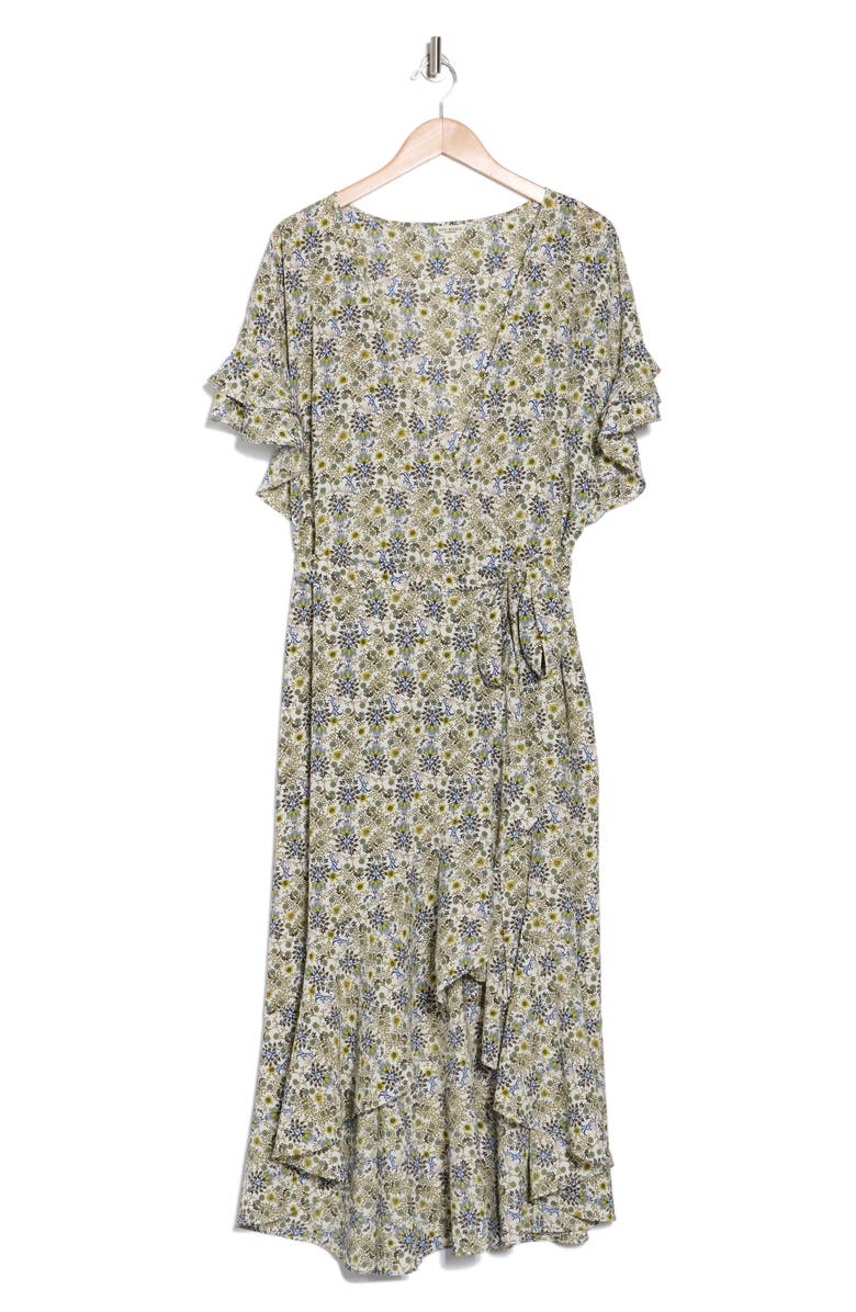 MAX STUDIO Short Sleeve Wrapped Midi Dress, Alternate, color, Birch/ Green/ Blue Folk Flower