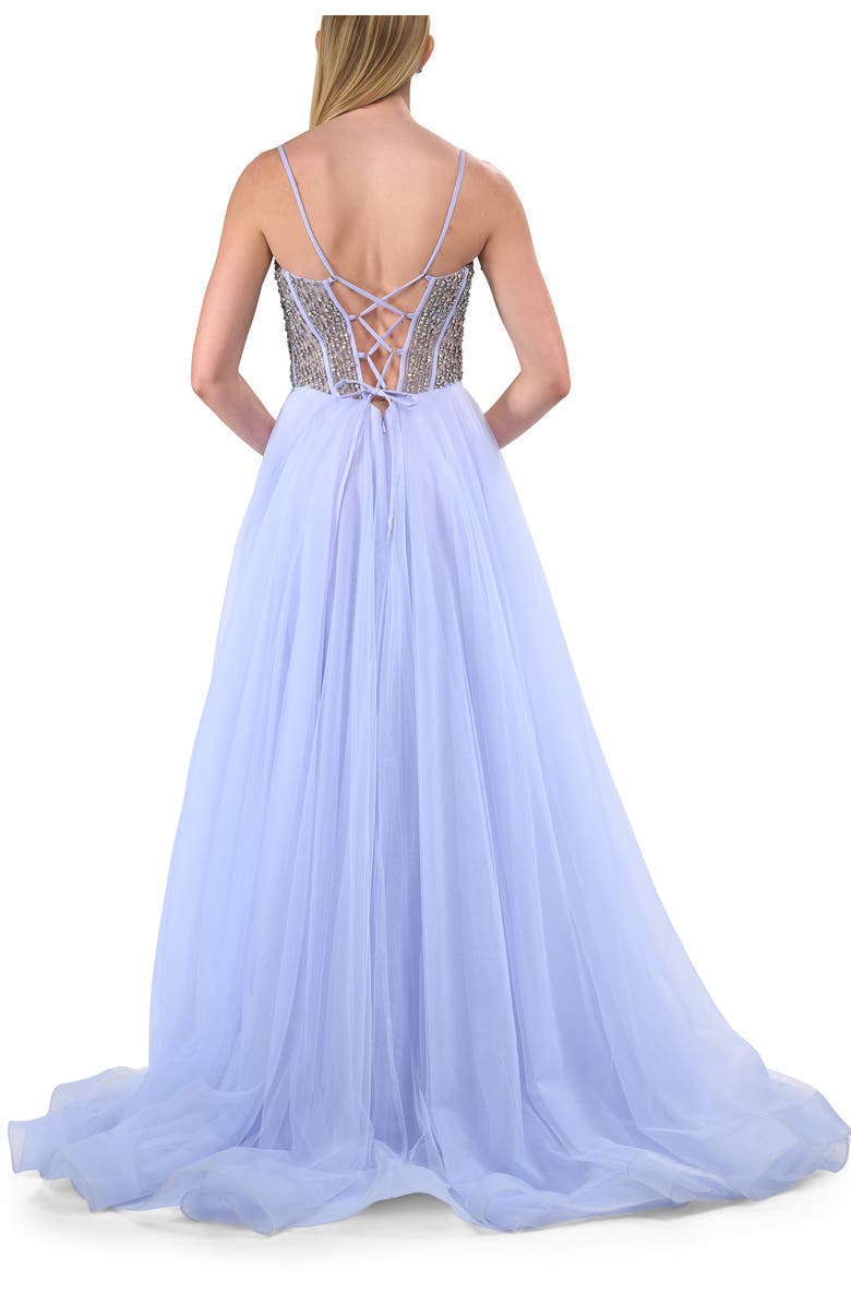 La Femme Rhinestone Embellished Corset with Lace Up Back and Tulle Skirt, Alternate, color, Light Periwinkle