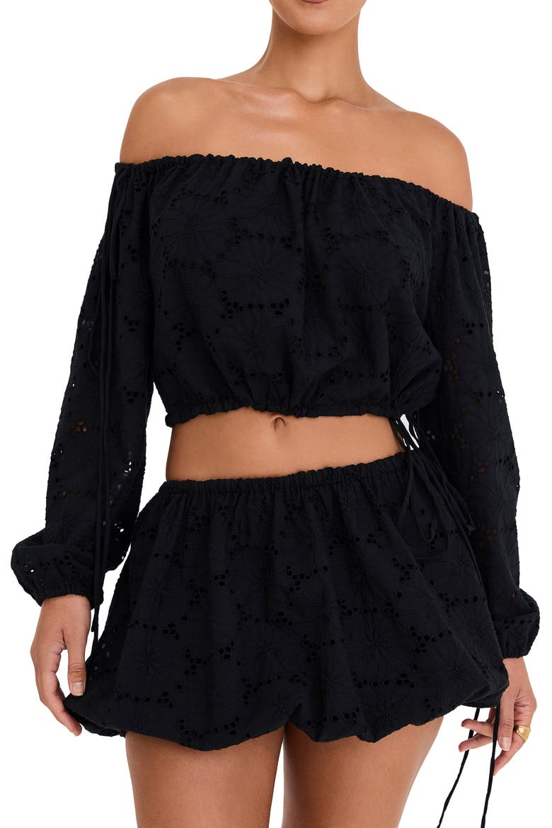 Off the Shoulder Cotton Eyelet Crop Top, Main, color, BLACK