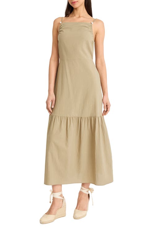Ruched Open Back Drop Waist Cotton Midi Sundress