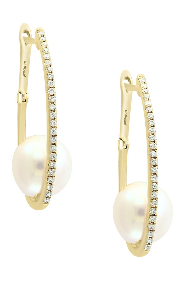EFFY 14K Yellow Gold 8mm Freshwater Pearl & Pave Diamond 22mm Hoop Earrings, Main, color, 
