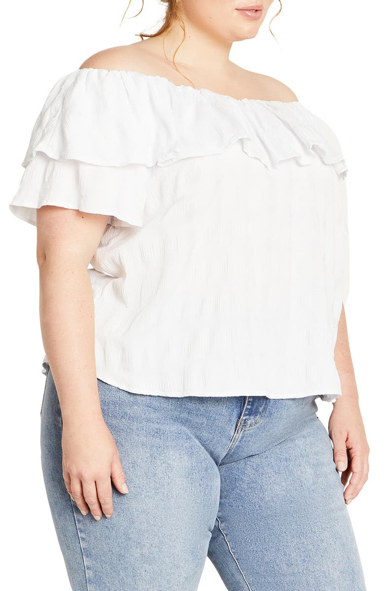 City Chic Christy Off the Shoulder Ruffle Top, Alternate, color, White
