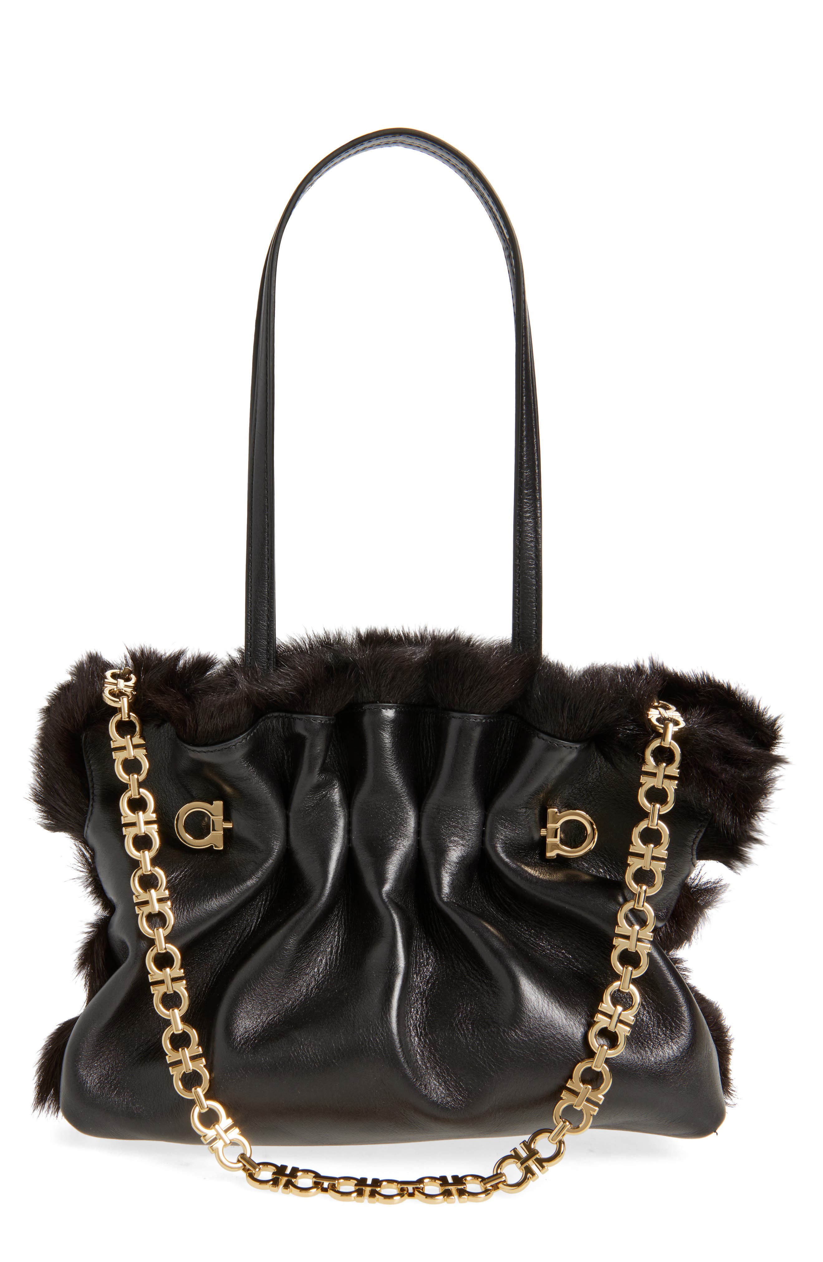 FERRAGAMO Small Gancio Piercing Soft Leather & Genuine Shearling Shoulder Bag, Main, color, Nero
