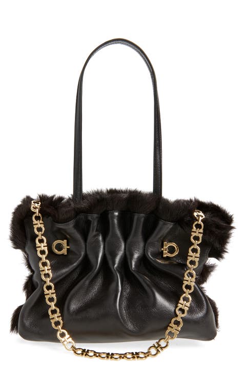 Small Gancio Piercing Soft Leather & Genuine Shearling Shoulder Bag