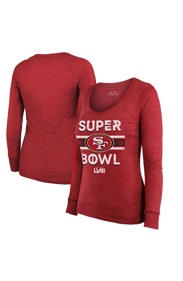 Majestic Threads Women's Majestic Threads Scarlet San Francisco 49ers Super Bowl LVIII Make It Happen Lightweight Tri-Blend Long Sleeve Scoop Neck T-Shirt, Alternate, color,