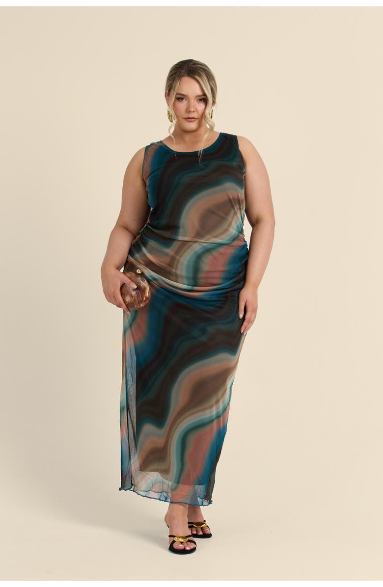 FASHION-SZN CURVE Sleeveless Mesh Swirl Print Midaxi Dress, Alternate, color, Brown
