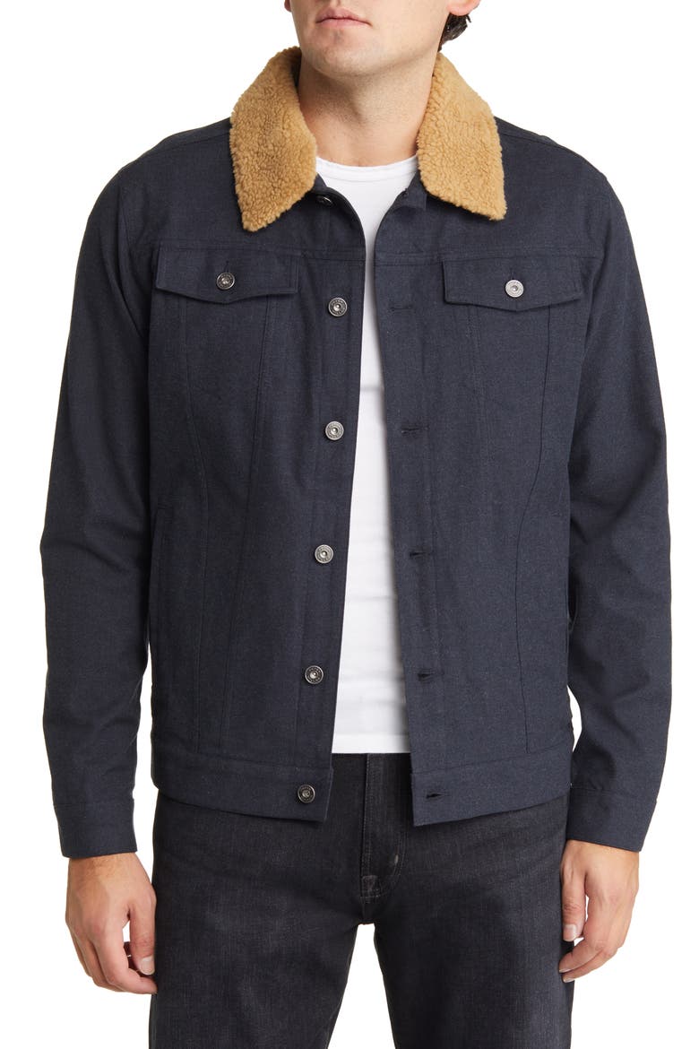Flannel Trucker Jacket with Fleece Collar, Main, color, NAVY