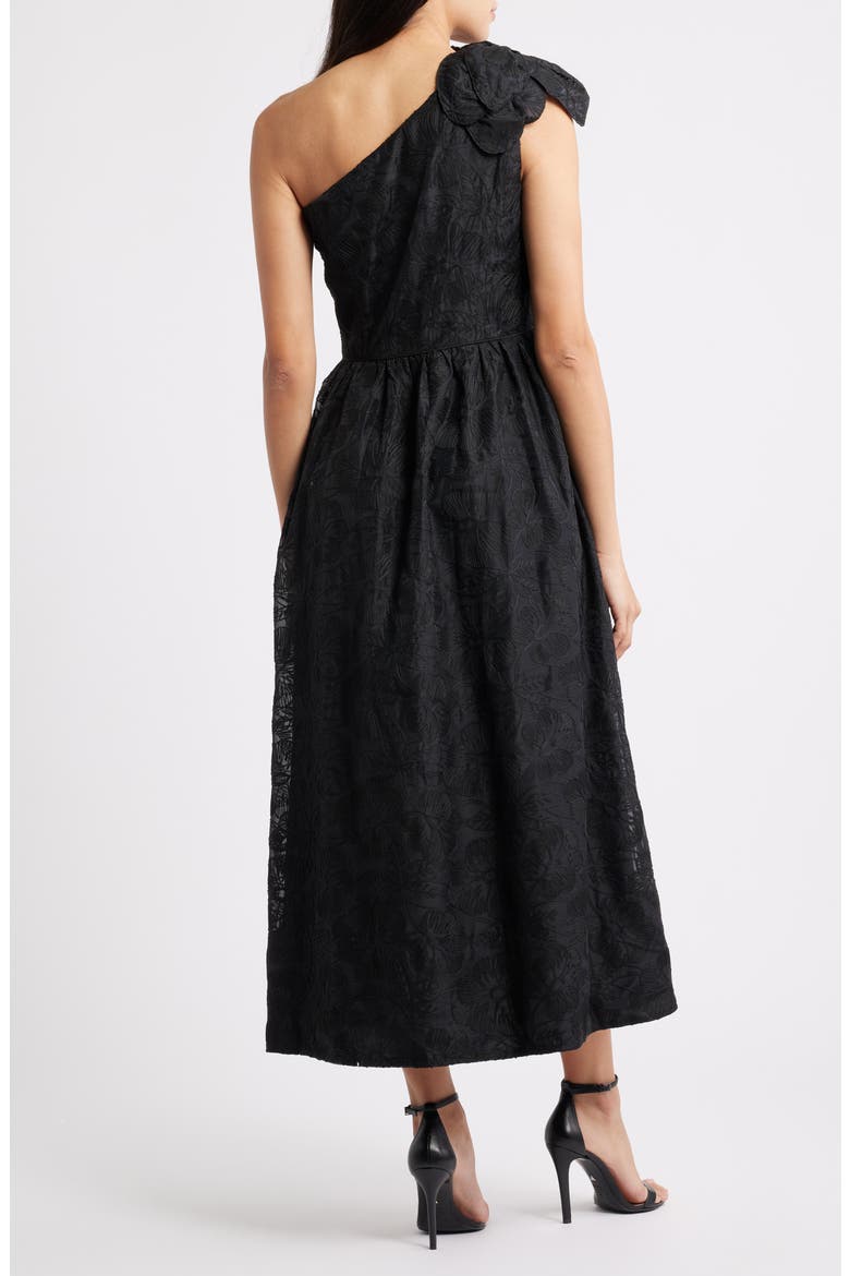 Lynsi Rosette One Shoulder Midi Dress, Alternate, color, NOIR SUNSET BLOOM