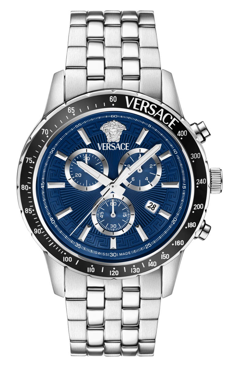 Versace Sport Chronograph Bracelet Watch, 44mm, Main, color, Silver/ Blue/ Black