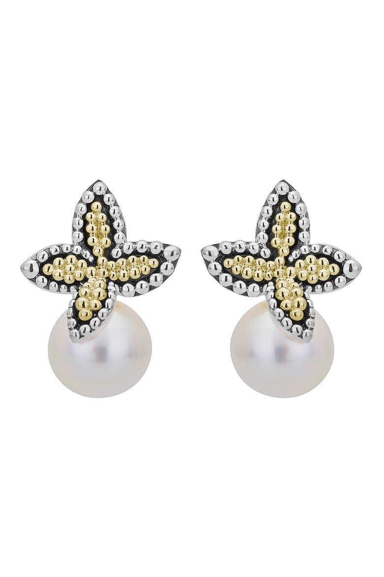 Luna Pearl Floral Cap Drop Earrings, Main, color, TWO TONE/ PEARL
