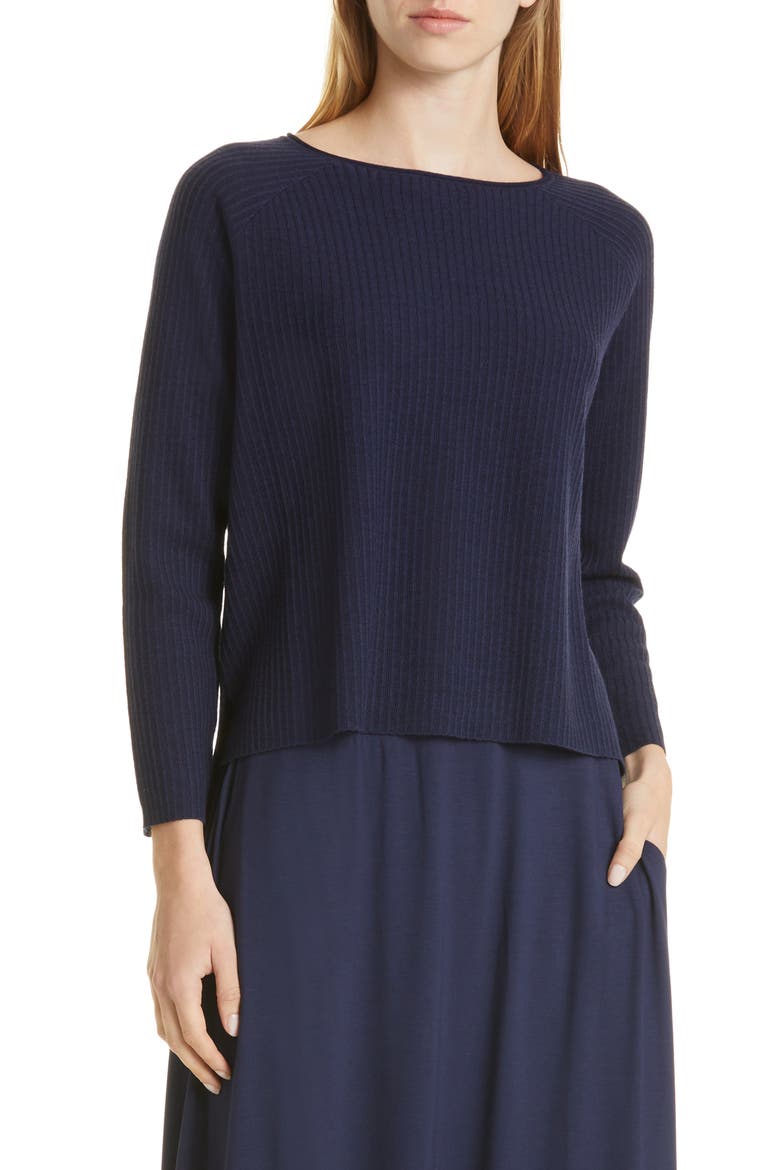 Boat Neck Raglan Sleeve Merino Wool Rib Sweater, Main, color, MIDNIGHT