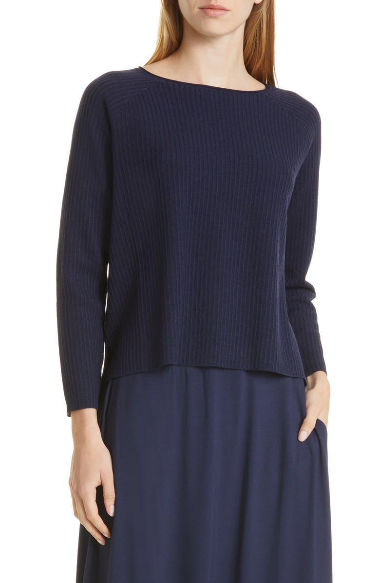 Eileen Fisher Boat Neck Raglan Sleeve Merino Wool Rib Sweater, Main, color, Midnight