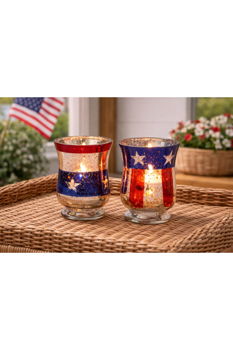 Stars & Stripes Set of 2 Glass Votive Candle Holders 4.7", Alternate, color, Red