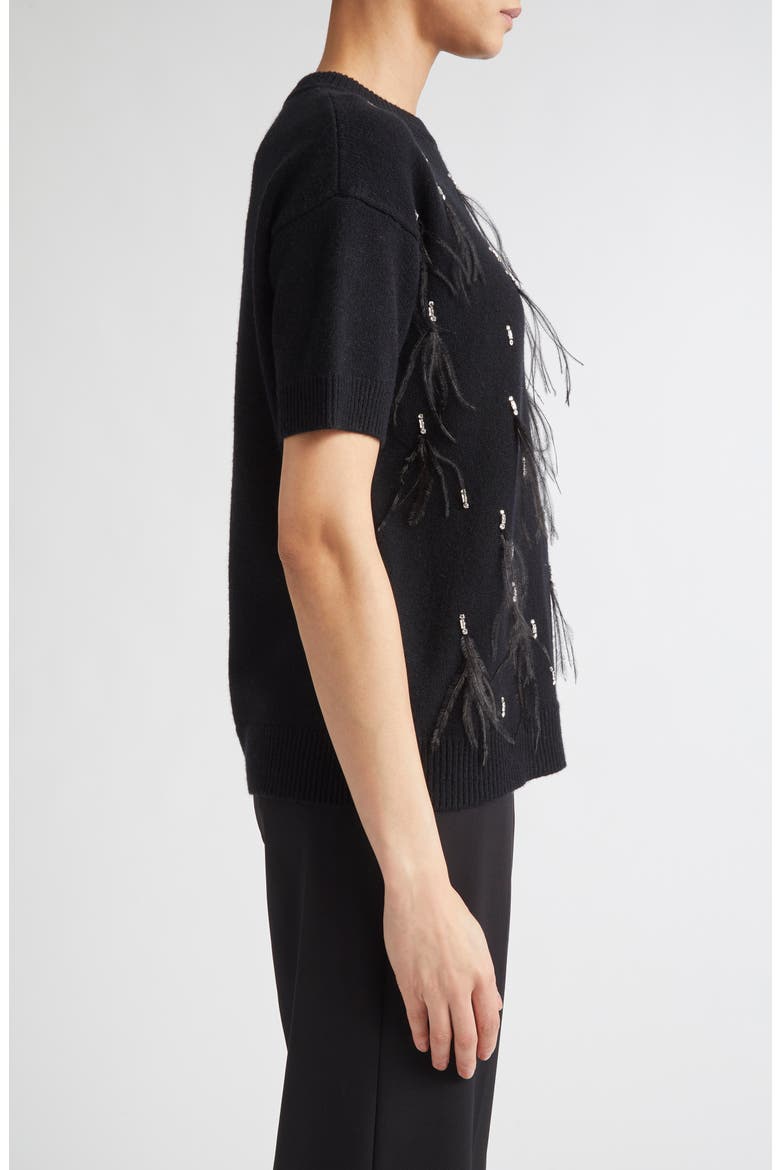 Oblo Crystal & Feather Embellished Short Sleeve Sweater, Alternate, color, BLACK