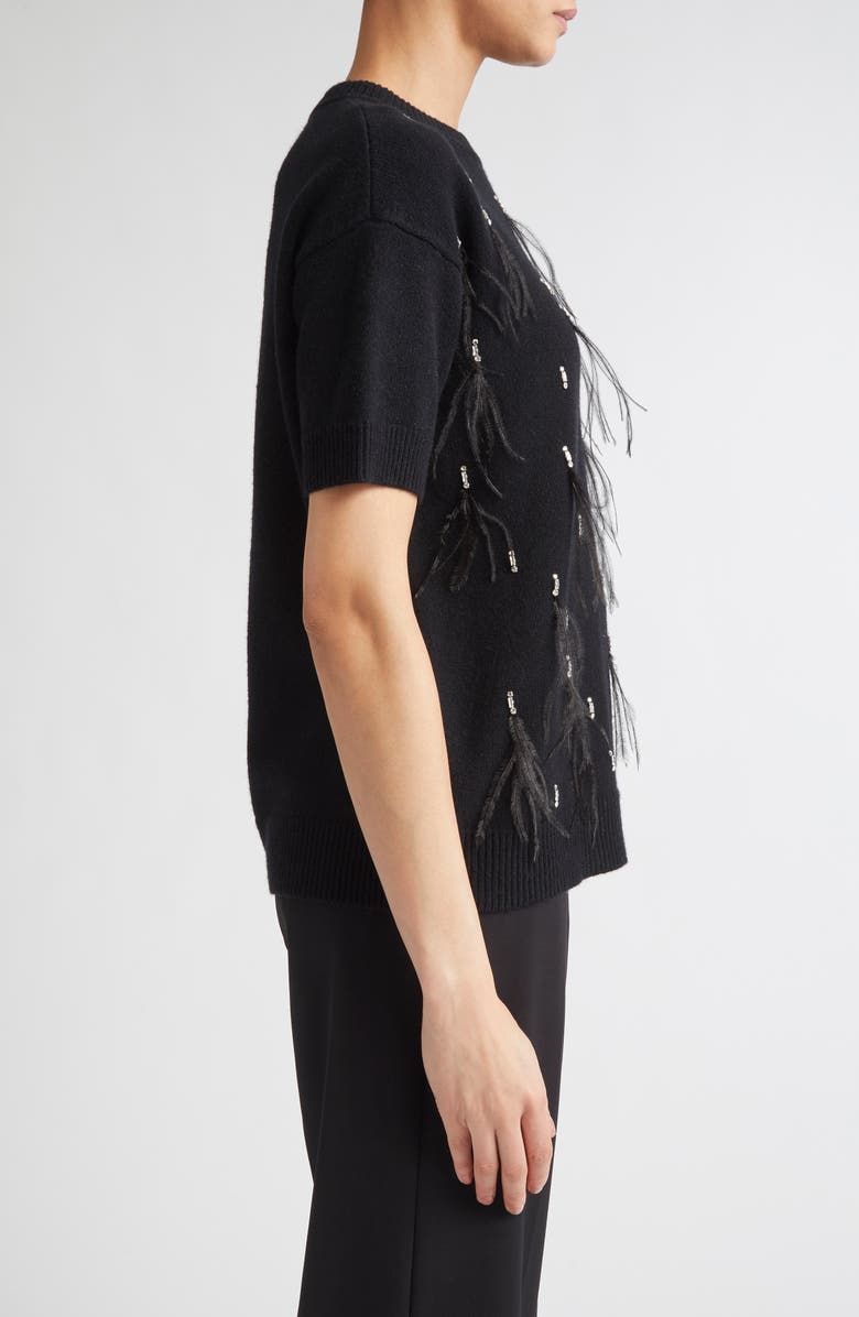 Max Mara Studio Oblo Crystal & Feather Embellished Short Sleeve Sweater, Alternate, color, Black