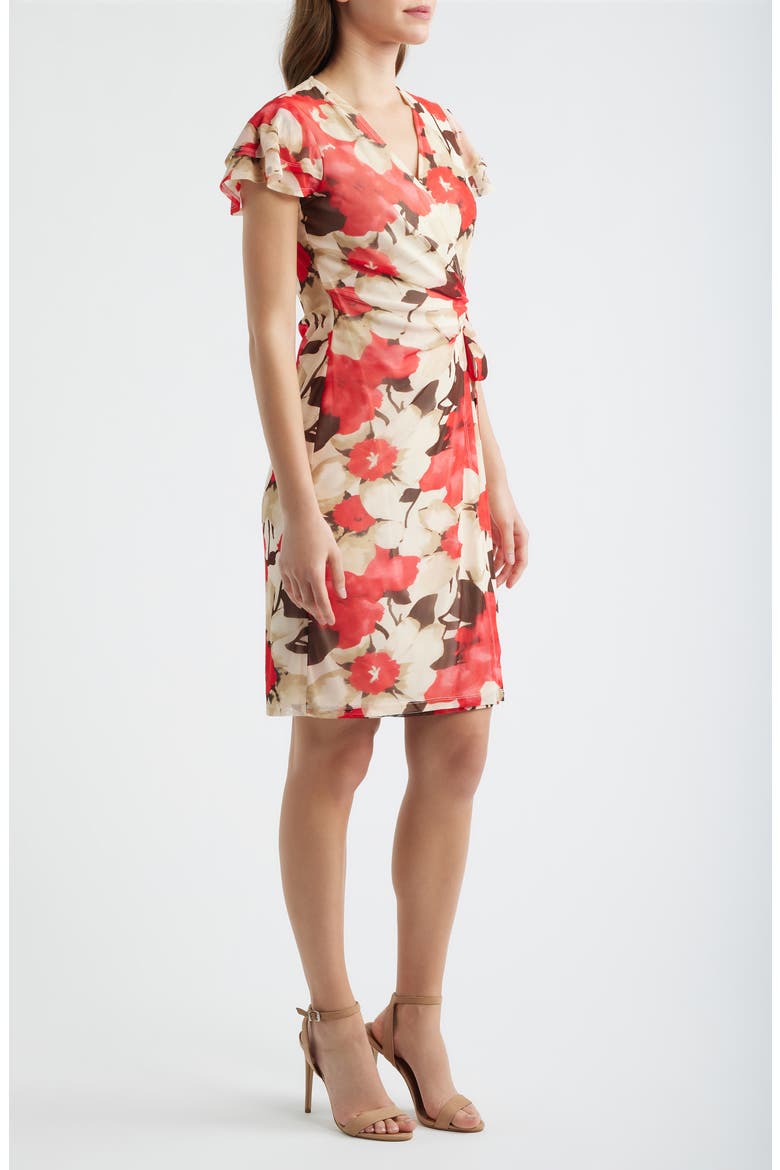 Floral Print Flutter Sleeve Wrap Dress, Alternate, color, WHITE DOVE MULTI