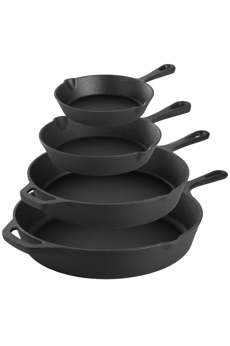 13 Piece Cast Iron Skillet Set with Tempered Glass Lids and Silicone Holders, Alternate, color, Black