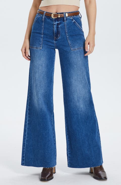 Raw Hem High Waist Utility Wide Leg Jeans