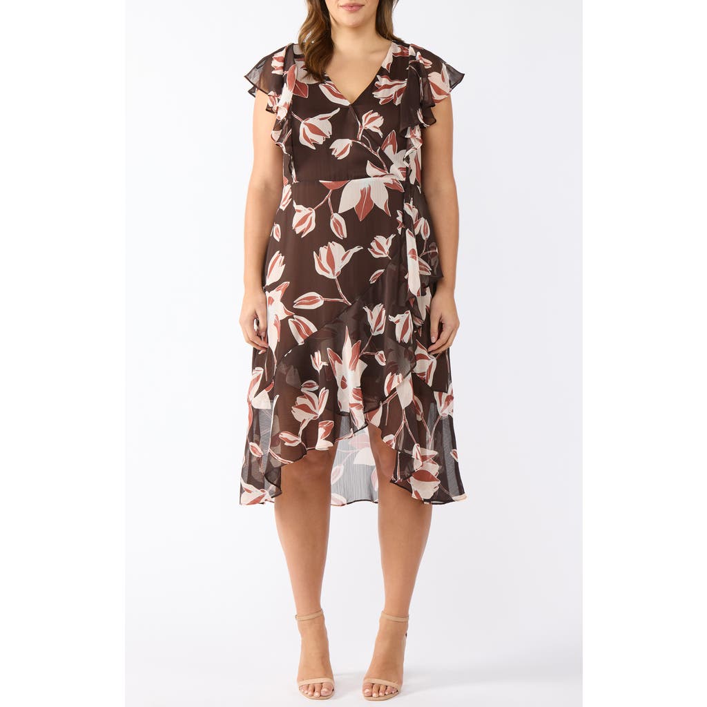 Estelle Azalea Petal Faux Wrap Dress In Brown Print