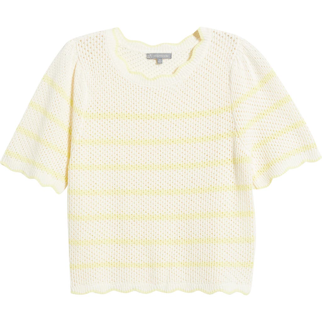 Wit & Wisdom Stripe Scallop Edge Short Sleeve Sweater In Ivory/sunny Lime