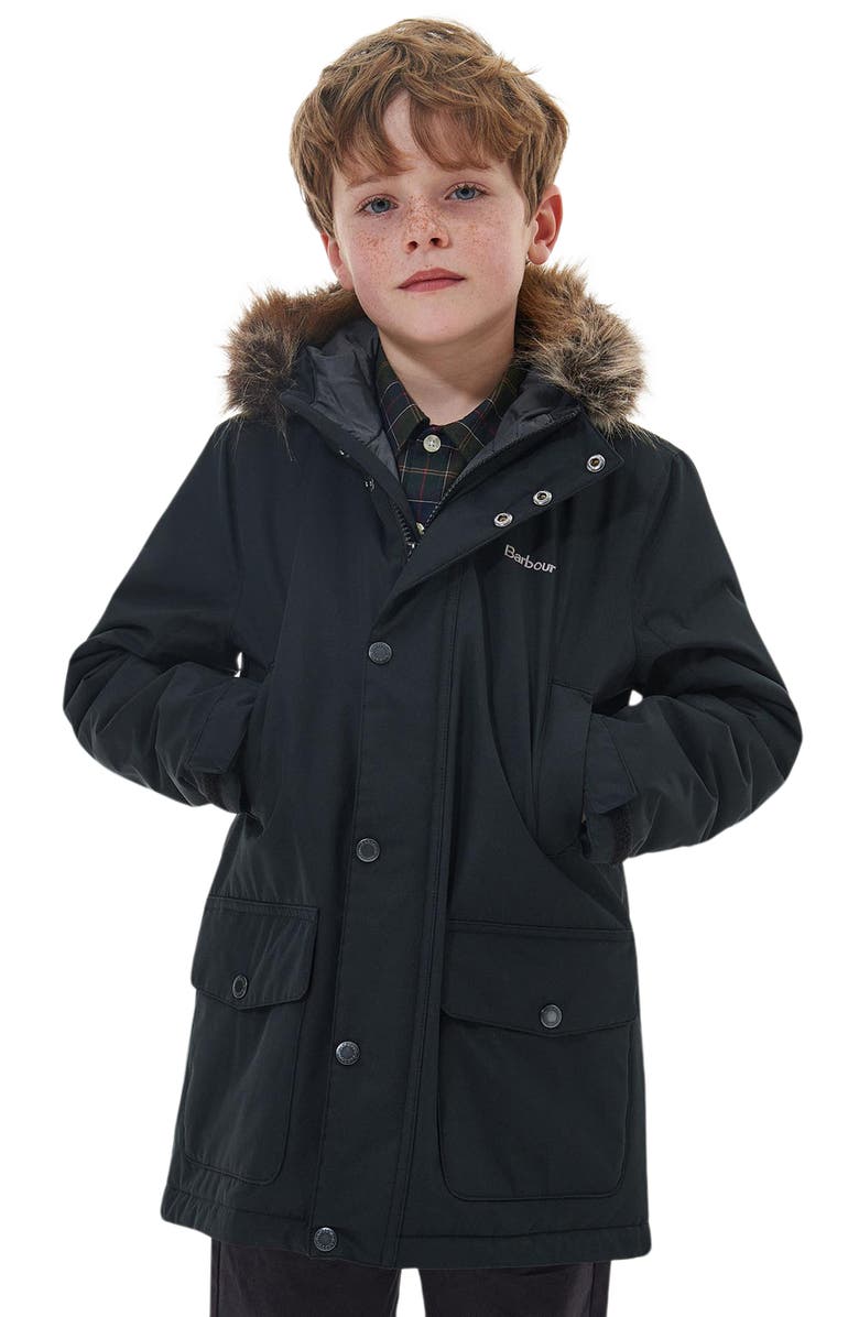 Barbour Kids' Ripley Faux Fur Trim Water Repellent Parka, Alternate, color, Black