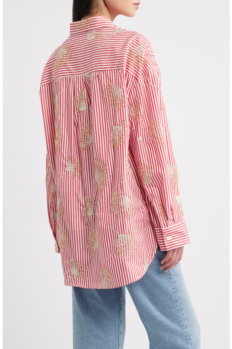 Beaded Oversized Striped Cotton Shirt, Alternate, color, GOLD BEADED RED STRIPE