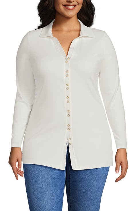 Plus Size Long Sleeve Polished Rib Button Through Tunic Shirt