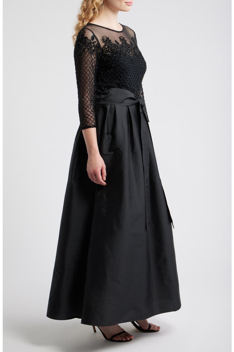 Illusion Neck Beaded A-Line Taffeta Gown, Alternate, color, BLACK