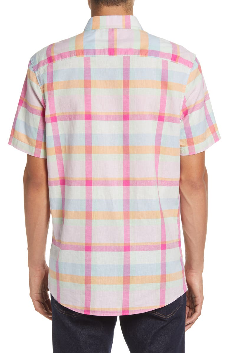 Nordstrom Matching Family Moments Plaid Trim Fit Short Sleeve Cotton & Linen Button-Down Shirt, Alternate, color, Blue- Pink Multi Madras
