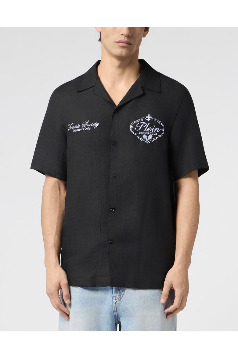 Linen Bowling Shirt Tennis Club Men, Main, color, black