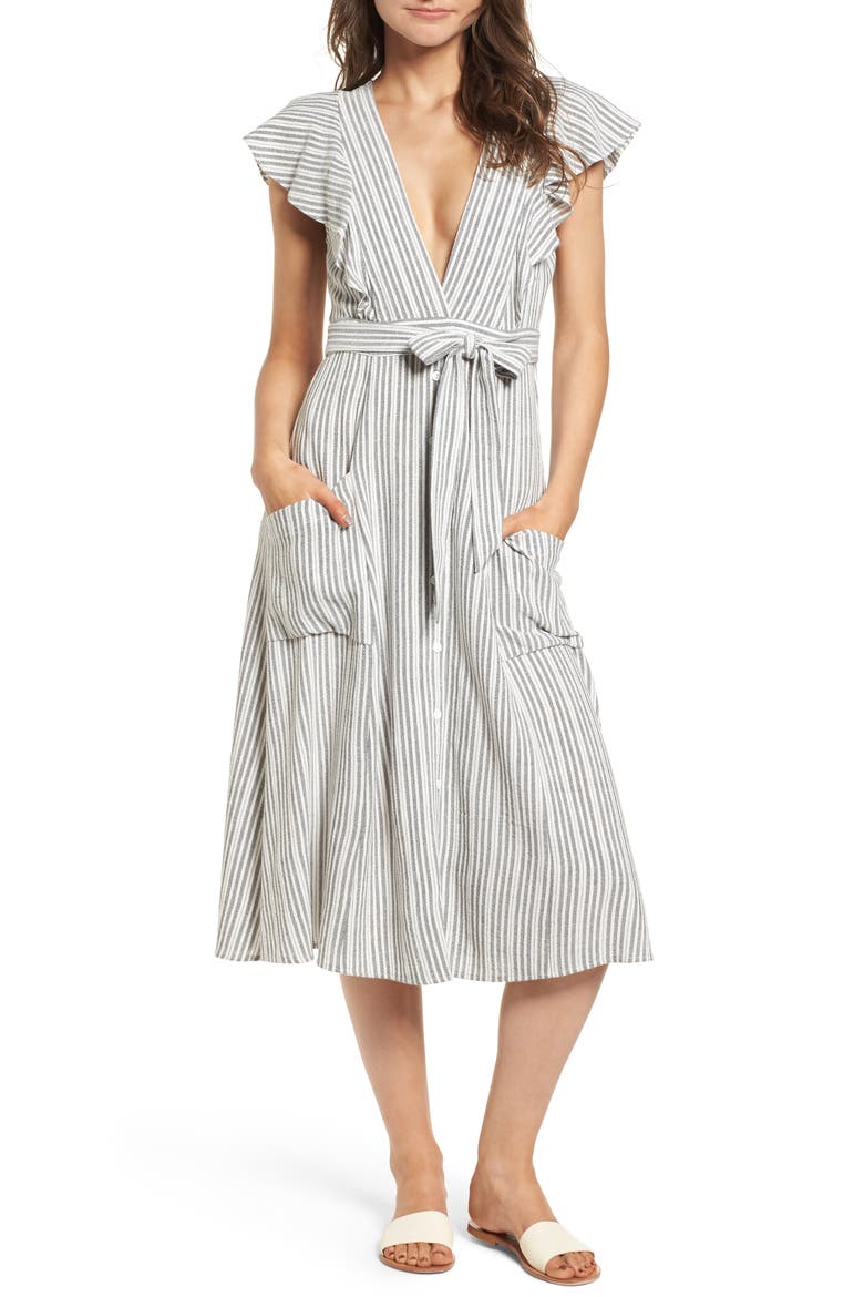 Kika Tie Waist Midi Dress, Main, color, GREY