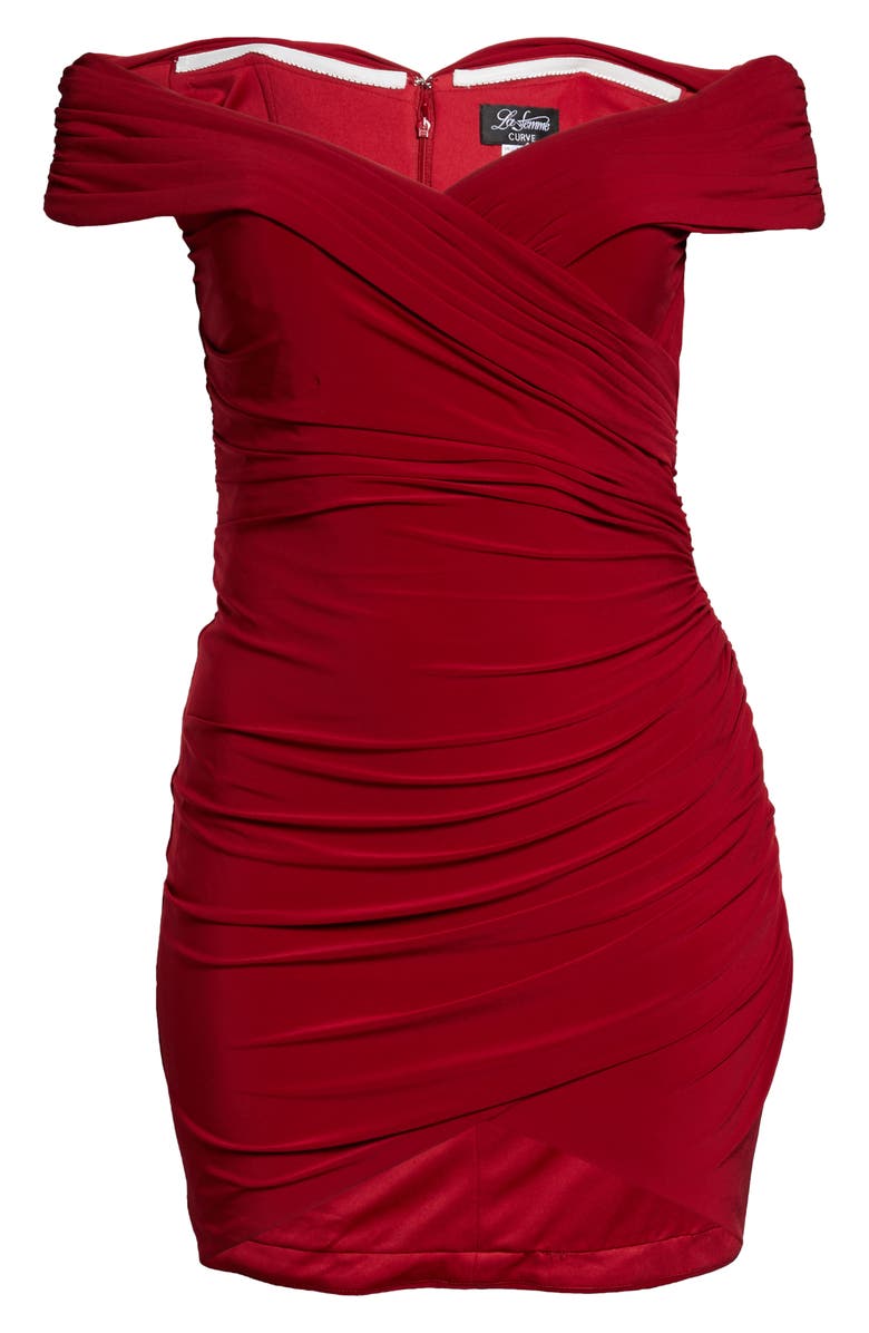 La Femme Off the Shoulder Jersey Ruched Sheath Minidress, Alternate, color, 