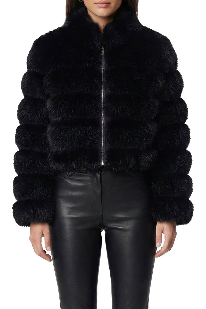 Fur-Free Fox (Faux Fur) Horizontal Zip Short Jacket, Main, color, BLACK