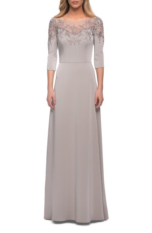 La Femme Jersey Mother Of The Bride Gown With Lace Neckline In Silver