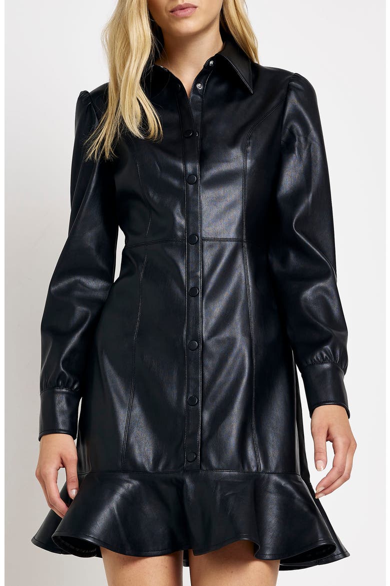 Long Sleeve Faux Leather Minidress, Alternate, color, BLACK