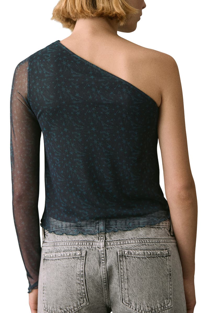 MANGO TEEN Star Print One-Shoulder Mesh Top, Alternate, color, Green