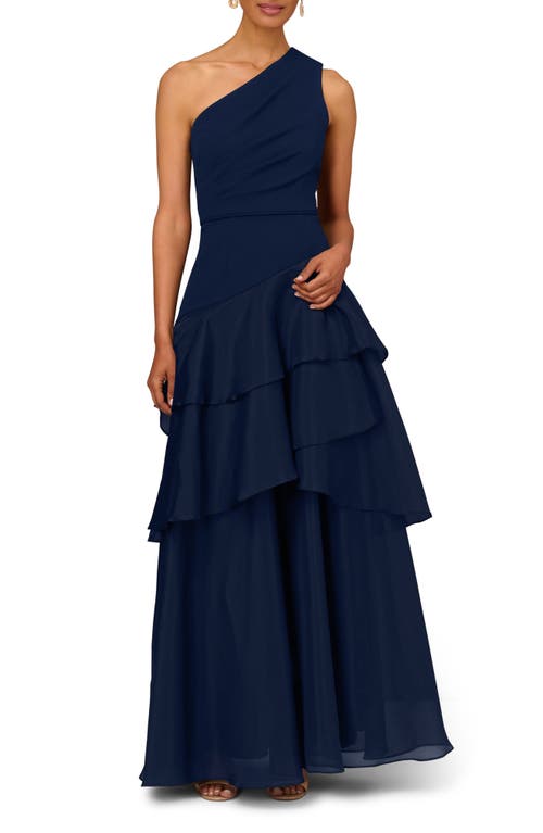 Aidan Mattox Tiered One-Shoulder Ballgown in Twilight 