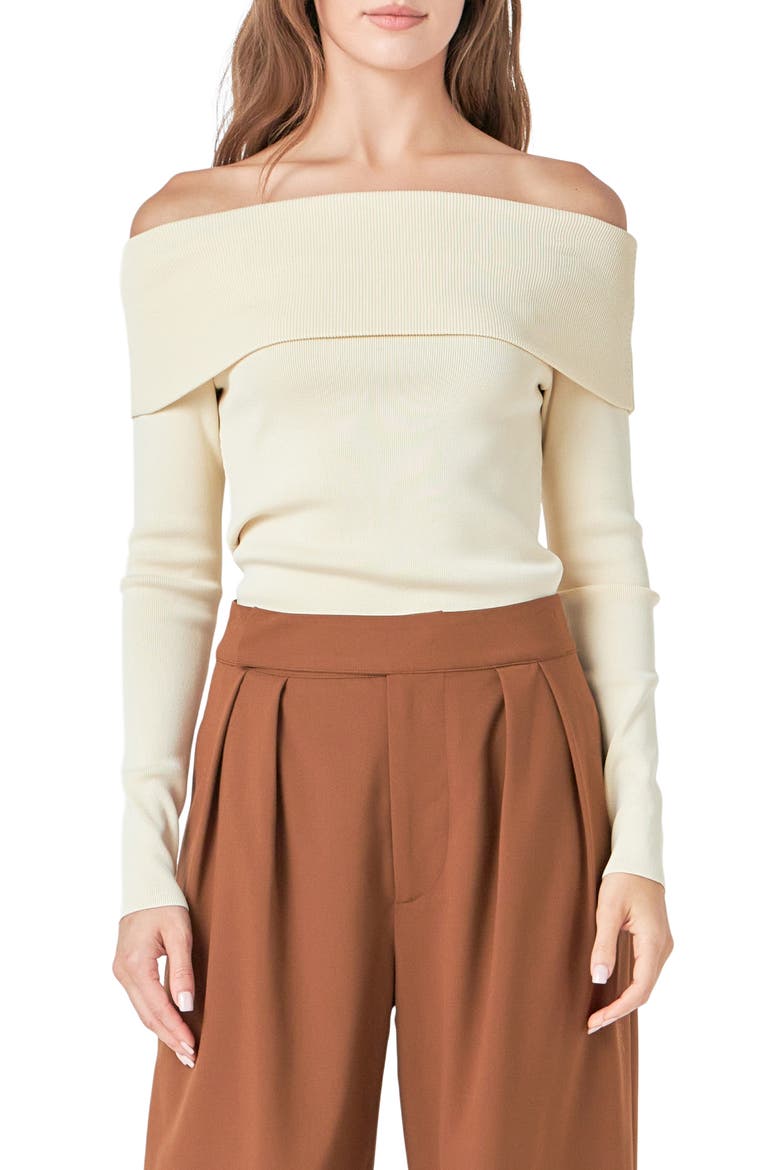 Folded Off the Shoulder Rib Top, Main, color, BEIGE