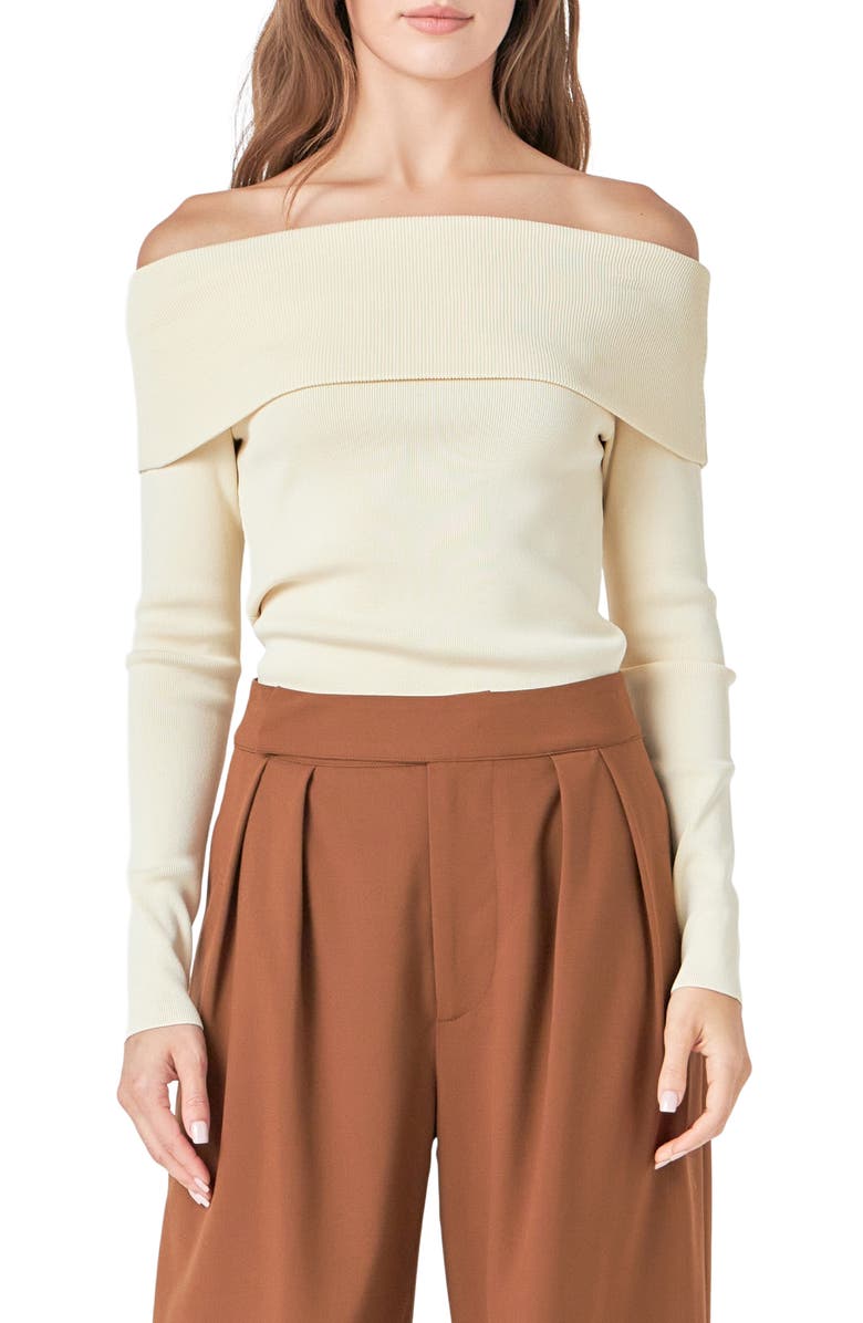 Endless Rose Folded Off the Shoulder Rib Top, Main, color, Beige