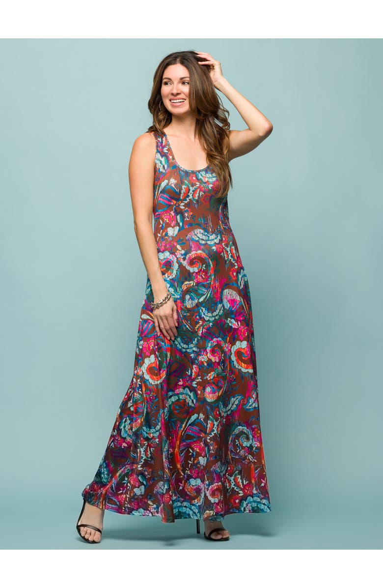 24seven Comfort Apparel V-Neck Sleeveless Maxi Dress with Belt, Alternate, color, Brown Multi