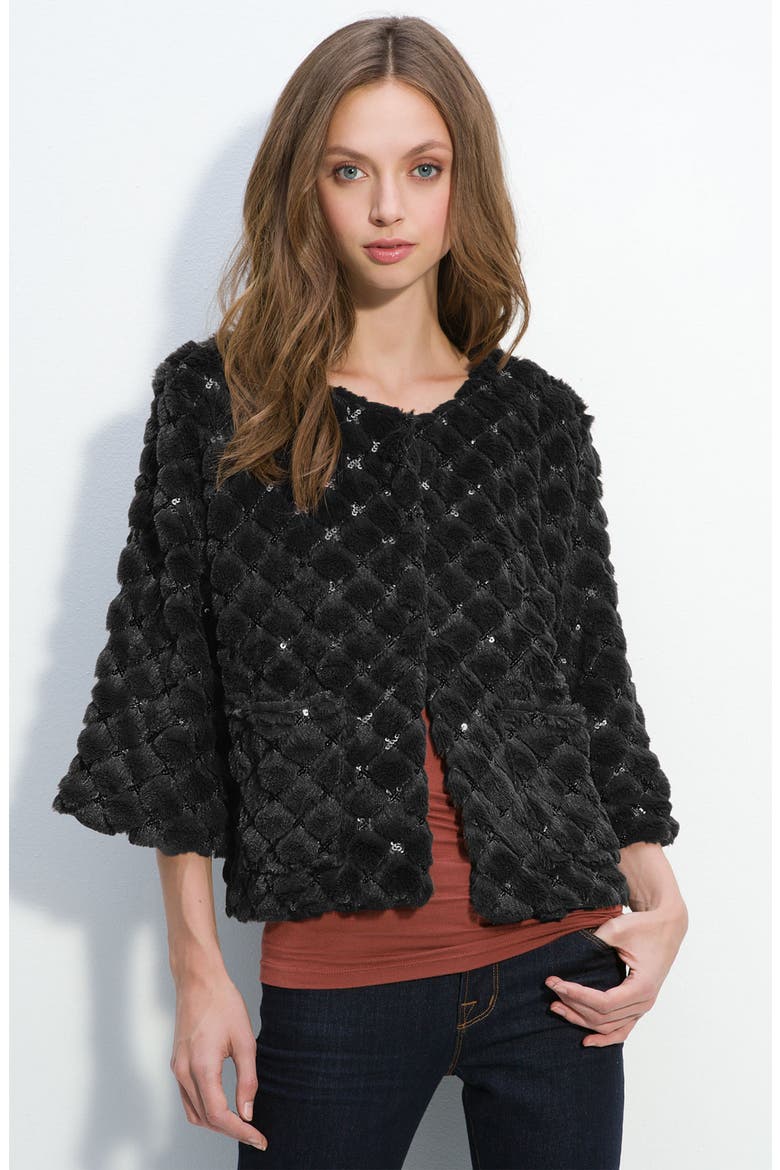 Sequined Faux Fur Jacket, Main, color, BLACK