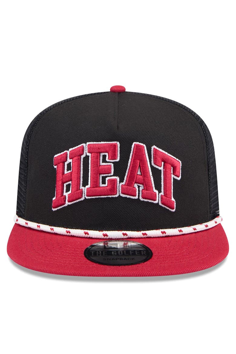 Men's New Era Black/Red Miami Heat Throwback Team Arch Golfer Snapback Hat, Alternate, color, Black