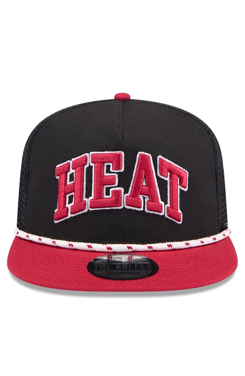 New Era Men's New Era Black/Red Miami Heat Throwback Team Arch Golfer Snapback Hat, Alternate, color, Black