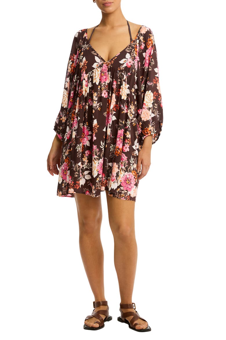 Rosewood Boho Balloon Sleeve Cover-Up Minidress, Main, color, COCOA