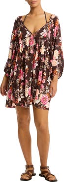 Sea Level Rosewood Boho Balloon Sleeve Cover-Up Minidress