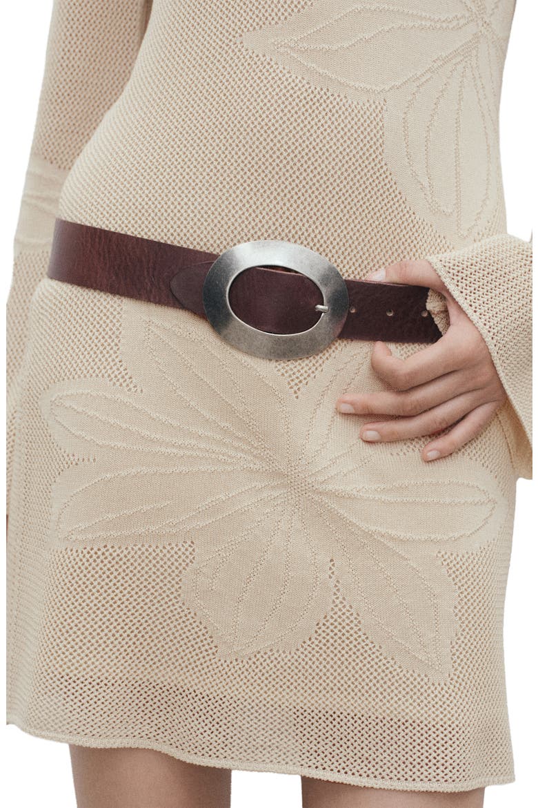 Embroidered Floral Long Sleeve Open Stitch Knit Minidress, Alternate, color, BEIGE