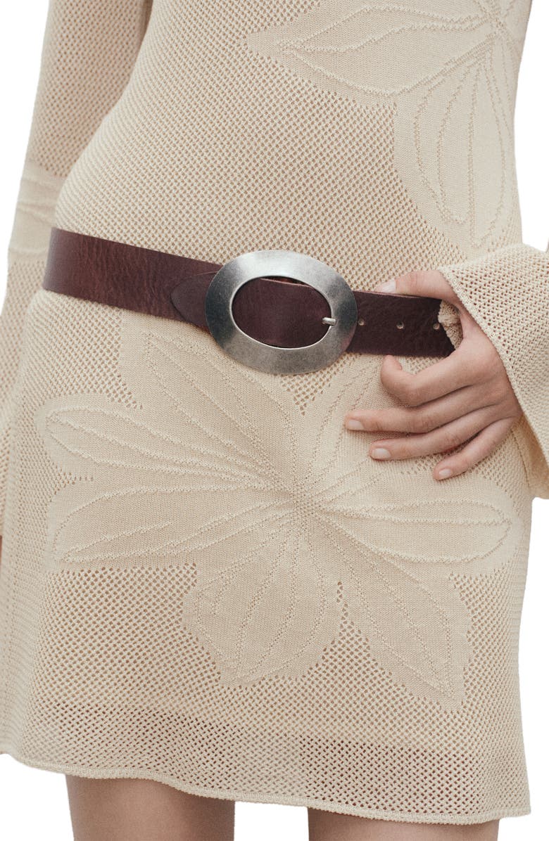 MANGO Embroidered Floral Long Sleeve Open Stitch Knit Minidress, Alternate, color, Beige