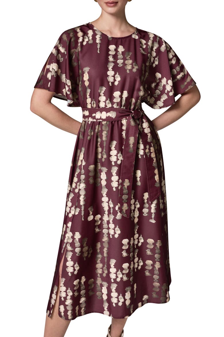 Print Stretch Satin Midi Dress, Alternate, color, BLACK/ CHERRY
