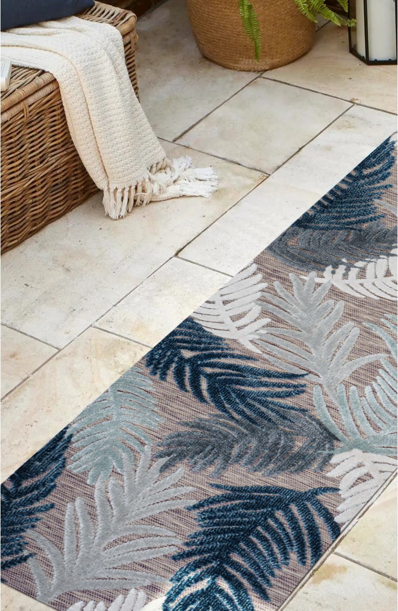 JONATHAN Y Montego High-Low Tropical Palm Indoor/Outdoor Area Rug, Alternate, color, Brown/Navy/Ivory