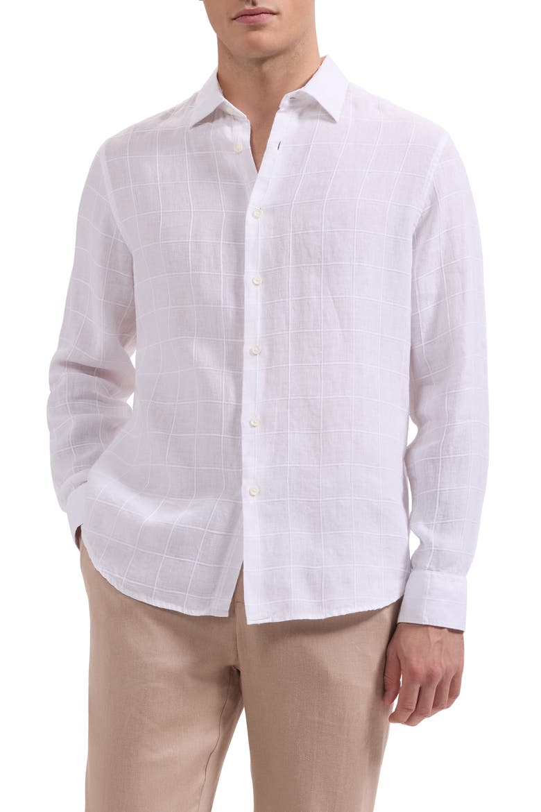 Julian Windowpane Linen Blend Button-Up Shirt, Main, color, WHITE